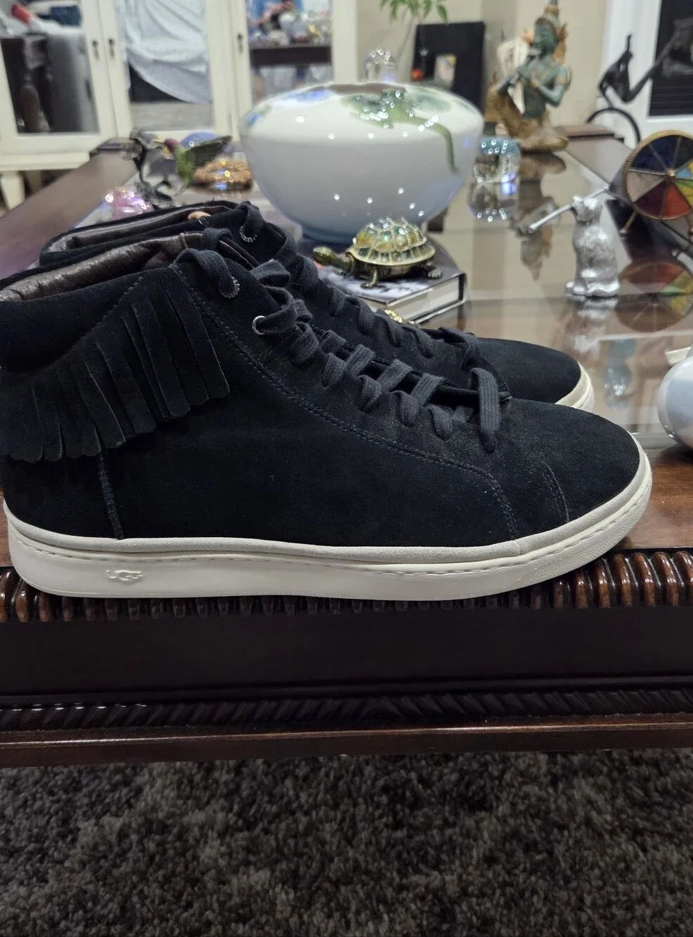 UGG Men's Black Suede High-Top Boots with Fringe
